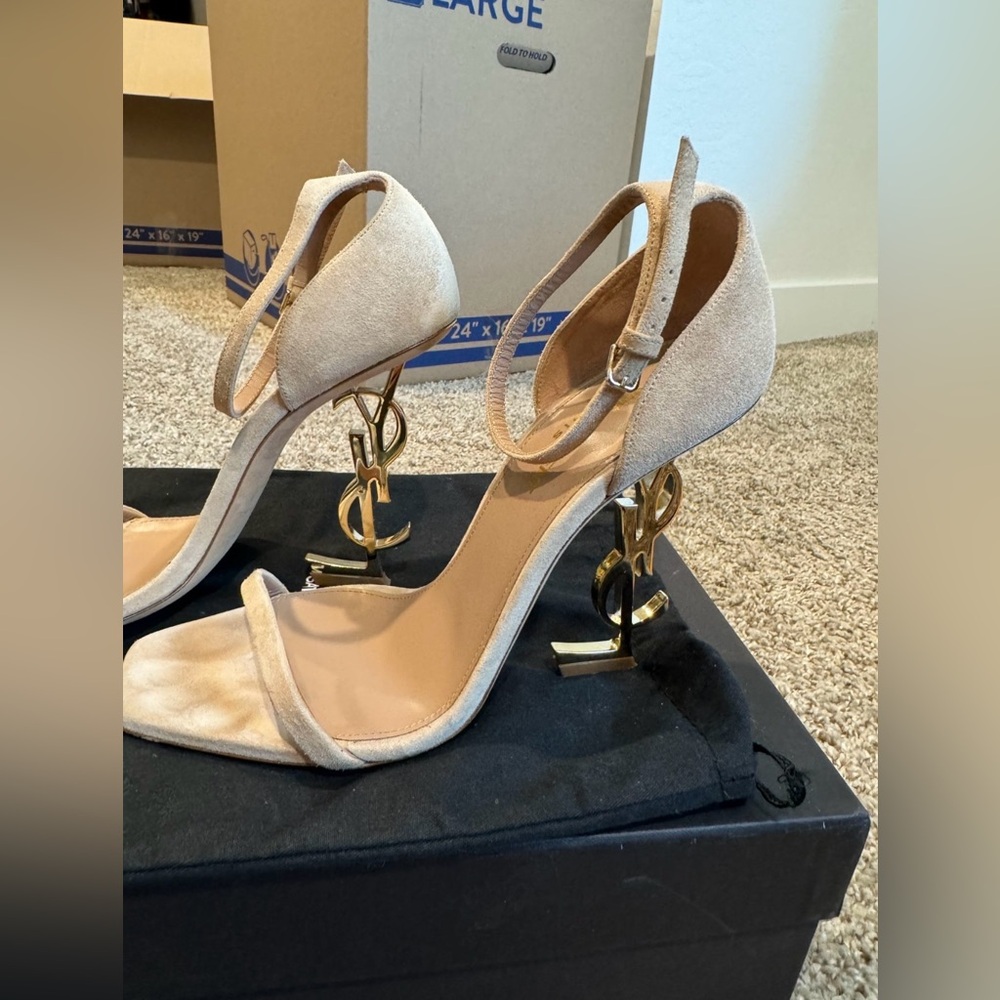 Yves Saint Laurent Tan Gold Heels with Iconic Logo